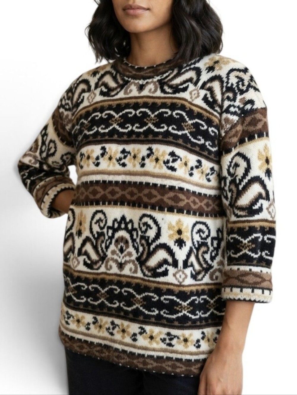 Vintage 90s Trimmings Geometric Pattern Knit Sweater Brown Black Cream Medium